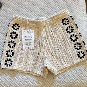 Zara Cream Crochet Shorts with Black Floral Trim